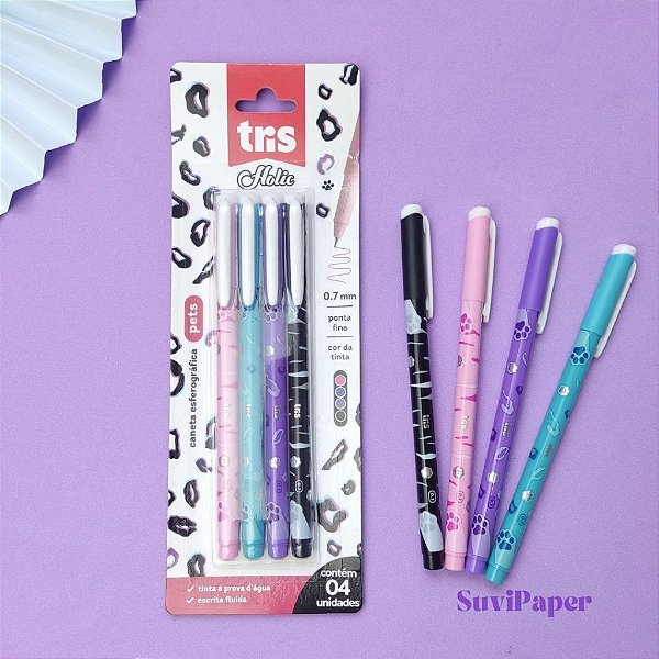 Caneta Esf 0.7mm Holic Pets Tris  Cartela 4 und