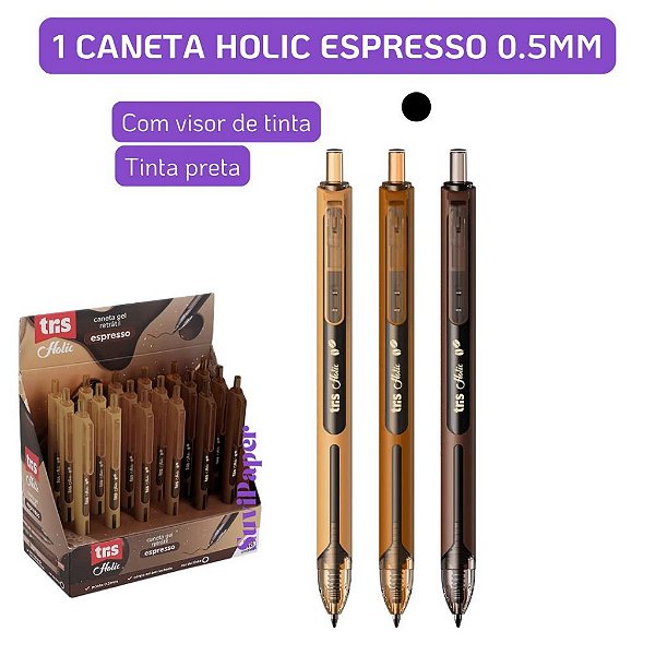 Caneta Gel Retrátil Tris Tinta Preta Espresso Holic Coffee Shop 0,5mm Corpo Café Elegante