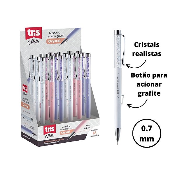 Lapiseira Cristal Luxo Escrita 0.7mm Tris Holic Fancy Cores Branca, Roxa ou Rosa 1 Unidade Papelaria Fina