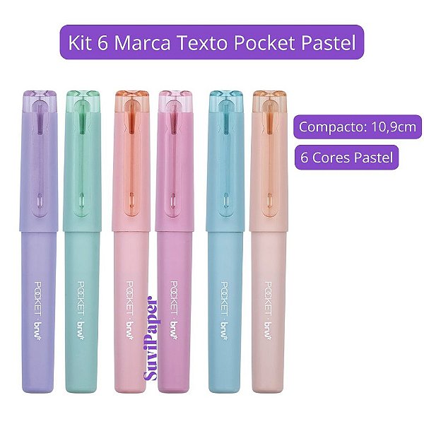 6 Marca Texto Pocket Tons Pastel 6 Cores BRW - Desenho, Pintura e Decorações Ponta Macia e Flexível