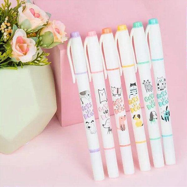 Marca Texto Perfumado 2 Pontas Cats e Dogs 6 unidades