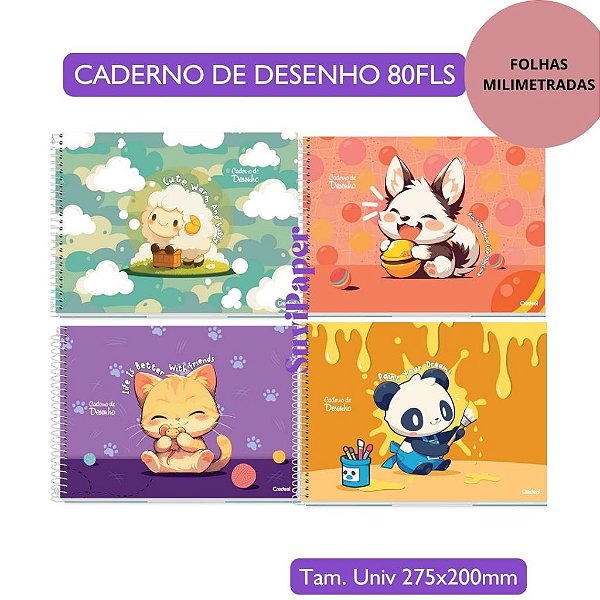 Caderno de Cartografia e Desenho Lala Pets 80 fls Folhas Milimetradas Coleção 2026 - Animais Fofos Infantil Tam 27,5x20c