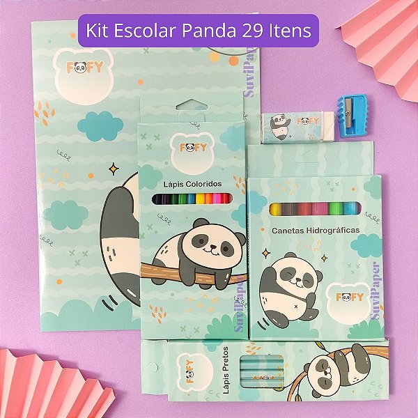 Kit Artístico Escolar Urso Panda Feliz 29 Itens Fofy - Caderno, Lápis de Cor, Lápis de Escrever, Canetinha
