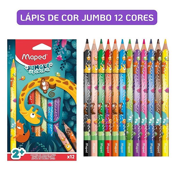 Lápis de Cor Jumbo Maped Jungle Fever 12 Cores Triangular Ergonômico Infantil Escolar