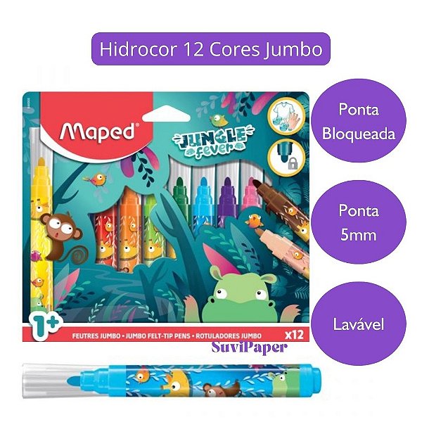 Canetinha Hidrocor Jumbo 12 Cores Jungle Fever Maped - Tinta Lavável Ponta 5mm Bloqueada