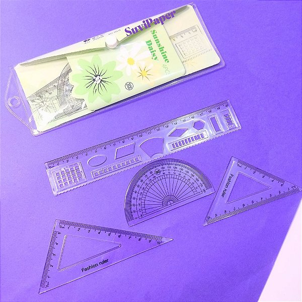 Kit de Réguas Daisy Sunshine Régua 15cm Esquadro 45°, Esquadro 90° e Transferidor 180°