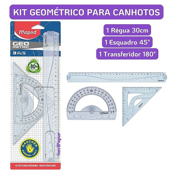 Kit Geometria Maped Geométrico 4 Peças para Canhotos e Uso Escolar - 1 Régua 30cm, 1 Esquadro 45° e 1 Transferidor