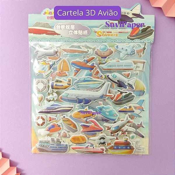 Cartela Adesiva Alto Relevo Decorado Marítimo Avião e Barco Cartela com 2 Folhas de Adesivos 60 Adesivos