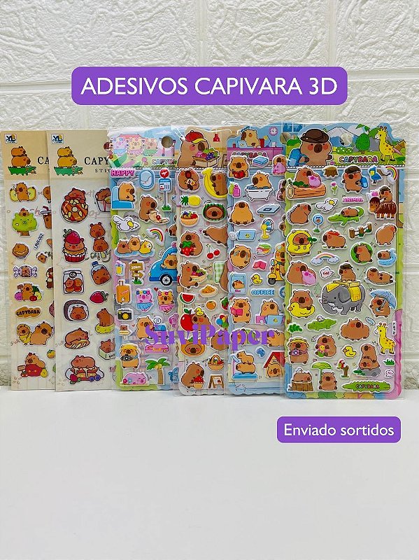 2 Cartela Adesivo 3D Divertidos Capivara Fofa em Alto Relevo - Personalizar Garrafas, Decoração, Marmita