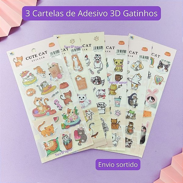 3 Cartela Adesivo 3D Divertidos GATO GATINHOS Fofa em Alto Relevo - Personalizar Garrafas, Decoração, Marmita