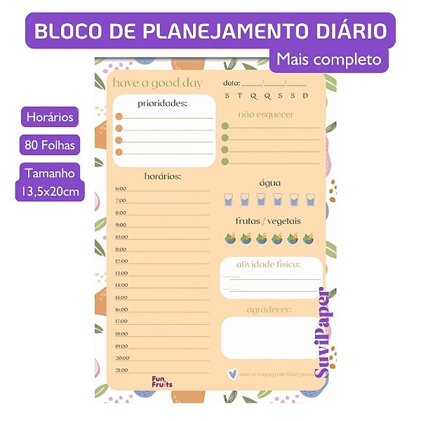 Bloco Planejamento Diário Fun Fruits 3B Completo 80 Folhas -  Tamanho 13,5x20cm Miolo Planejador, Tarefas e Ideias