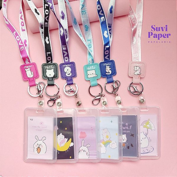 Porta Crachá com Cordão e Gancho para Chaveiro Estampa de Gato Fofo - Porta Identificação e Cartões