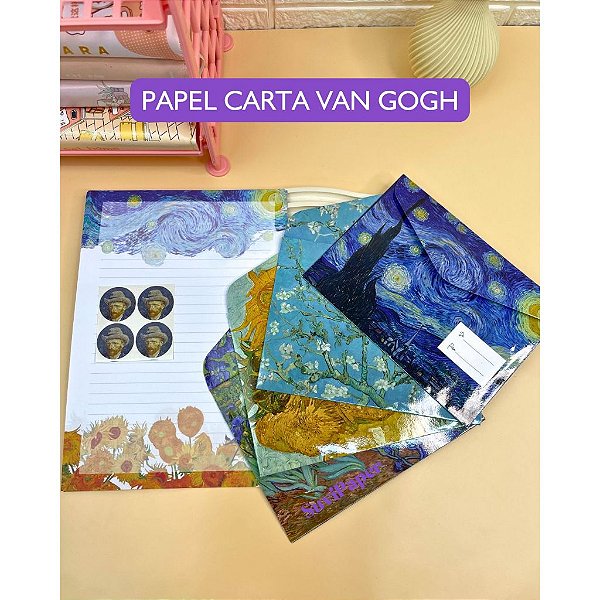 Kit Papel De Carta Decorado Van Gogh 4 Unidades Premium Azul Colecionador Escrita Retrô