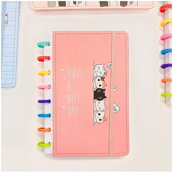 Caderno Inteligente Disco B5 Gatinho Capa Dura Fofa 80 Folhas Removíveis - Escolar, Planner ou Estudo