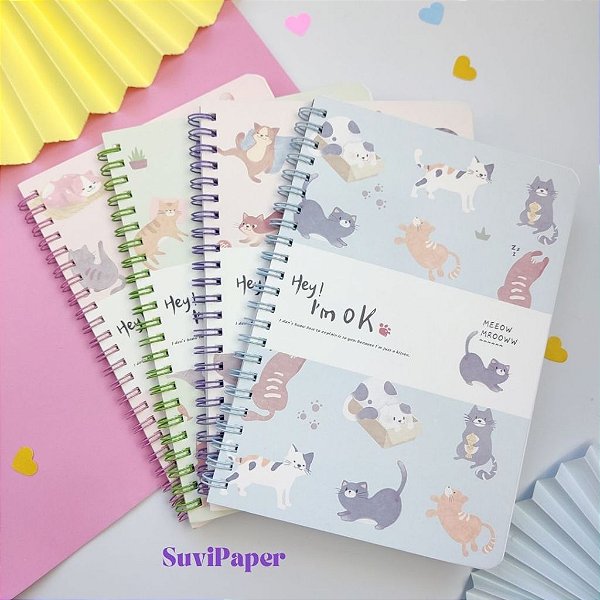 Caderno GRANDE Gatinho Espiral Wire-o Estampado Hey! I'm Ok Escolar Tamanho B5 17,2x25,2cm 64 Folhas