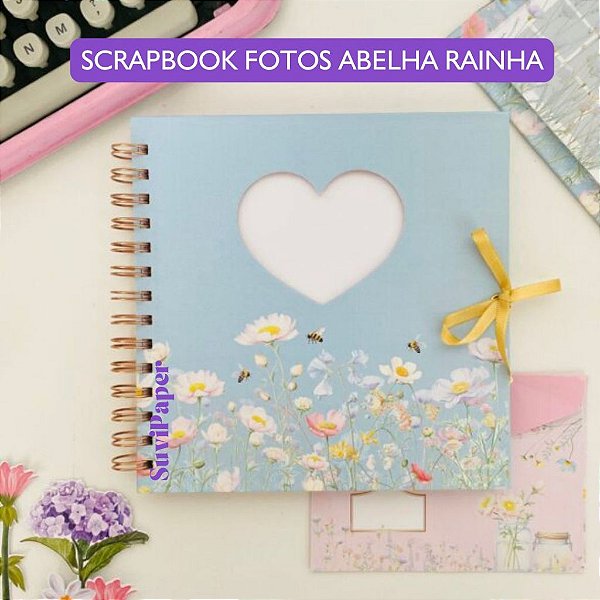 Álbum de Fotos Scrapbook 30 Folhas Decoradas Abelha Rainha Tamanho 19x19 cm