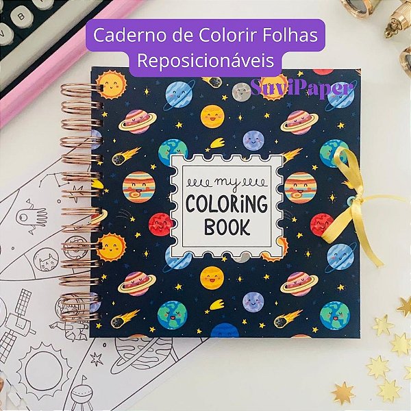 Caderno Luxo de Colorir 45 Folhas Reposicionáveis Espaço Planetas - Terapêutico