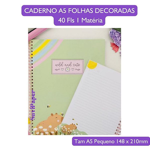 Caderno Espiral Capa Flexível Pequeno Estampa Capivara - Tamanho 21x14,8 cm- 40 folhas Decoradas- Miolo Pautado