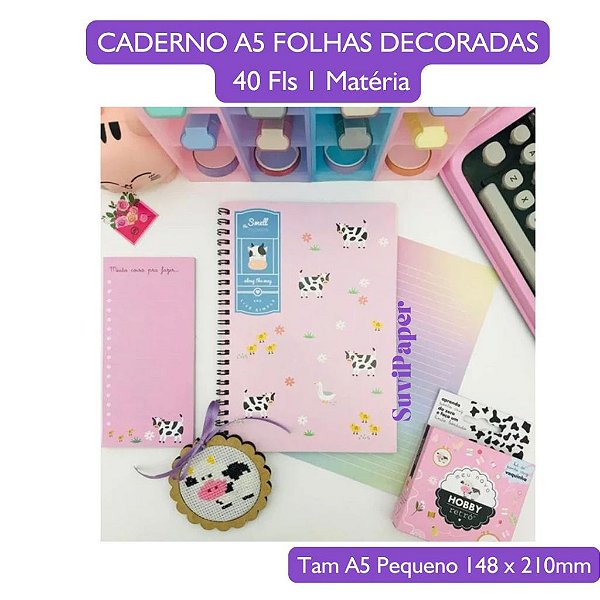 Caderno Espiral Capa Flexível Pequeno Estampa Vaquinha- Tamanho 21x14,8 cm- 40 folhas Decoradas- Miolo Pautado