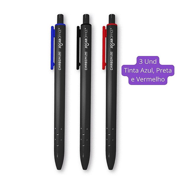 Caneta Esferográfica Retrátil 0.7mm Carbon Line - Azul, Preta e Vermelho Jocar Office