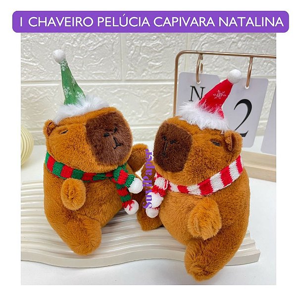 Chaveiro Pelúcia Fofo Natal com Gancho para Chaves, Bolsa e Estojo De Capivara Natalina 1 Unidade 12cm