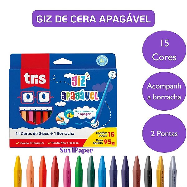 Giz de Cera Apagável 12 Cores + 2 Cores Metálicas e 1 Borracha Tris