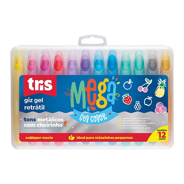 Giz de Cera Retrátil Mega Gel Metálico Perfumado 12 Cores Tris