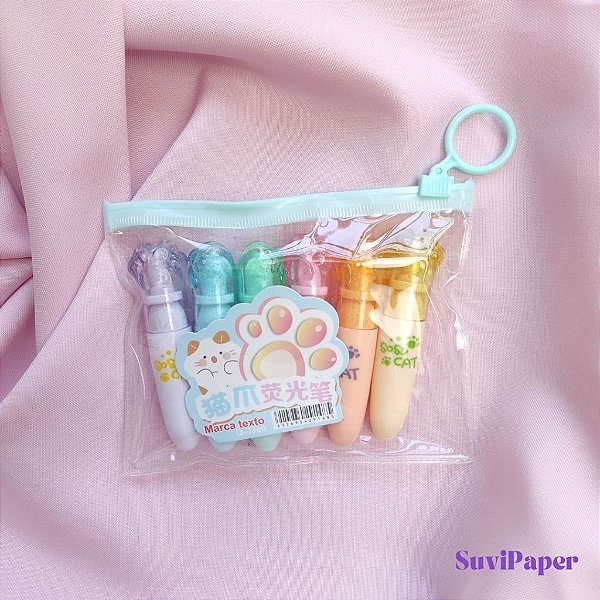 Kit 6 Marca-Textos Mini Formato Patinha de Gato Cores Neon Vibrantes - Fofura para Suas Anotações