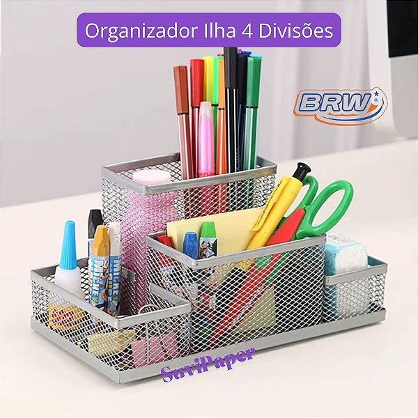 Organizador De Mesa Prata Ilha Porta Lápis Caneta 4 Divisórias Multiuso BRW
