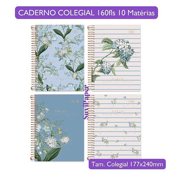 Caderno Colegial Natus Cadersil – 10 Matérias, 160 folhas, Floral Elegante Papelaria Premium