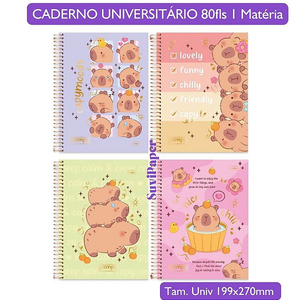 Caderno Universitário Grande 1 Matéria Pampy Capivara Cadersil - Coleção 2026 Fofa 80 Folhas 19,9X27cm