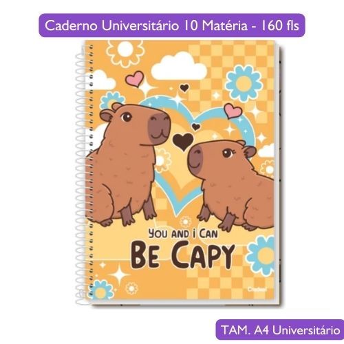 Caderno Universitário Escolar GRANDE Be Capy 10 Matérias 160 Folhas Credeal Capivaras Fofas