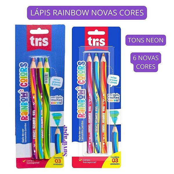 3 Lápis De Cor Jumbo Arco Íris Rainbow COLORS Tris - Grafite Colorido Escolar Artístico Novas Cores