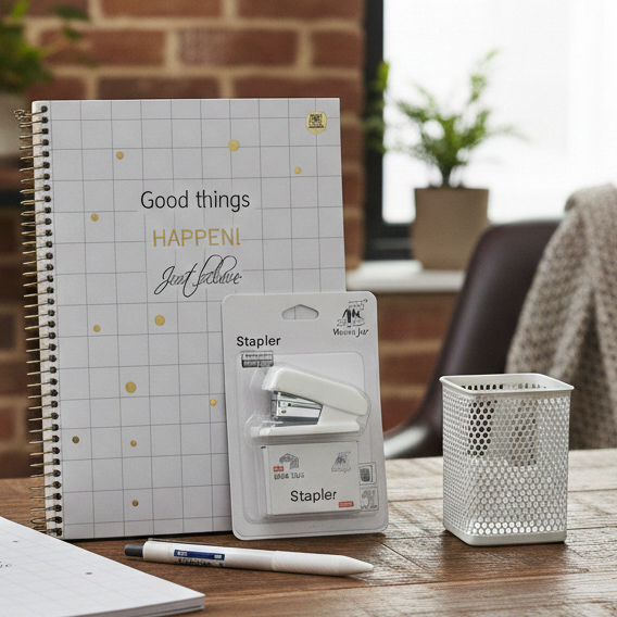 Kit Escritório Minimalista Branco: Caderno Animativa + Porta Caneta + Mini Grampeador + Caneta Prime