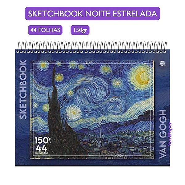 Sketchbook A4 Animarte Van Gogh Noite Estrelada 150g 44 Fls - Caderno de Desenho Profissional Capa Dura e Papel Grosso