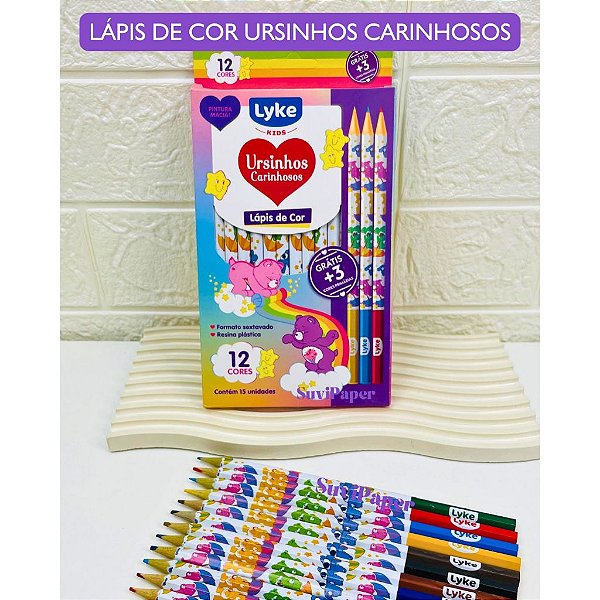Lápis De Cor 12 Cores + 3 Cores Extras Ursinhos Carinhosos Resina Decorado Lyke Escolar e Artístico