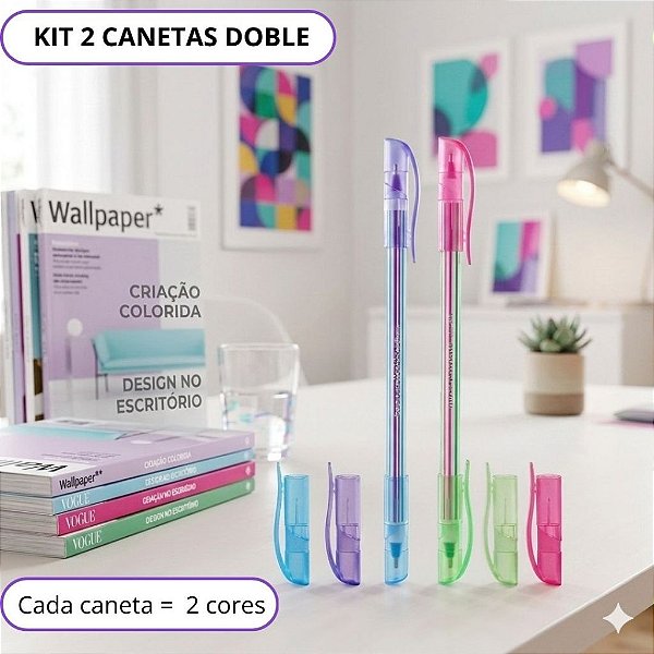Kit Canetas 2 Em 1 Doble Fashion 1.0mm Escrita Macia Escola Escritório Bazze - Caneta esferográfica bicolor
