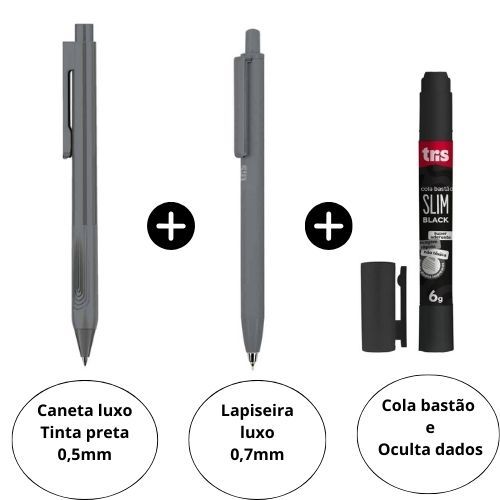 Kit Papelaria All Black Caneta Gel 0,5mm Cinza + Lapiseira 0,7mm Cinza e Cola Bastão Black 6g Tris