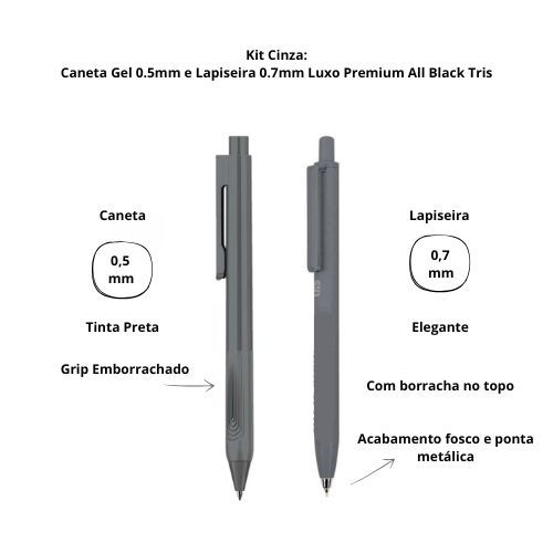 Kit Caneta Gel 0.5mm e Lapiseira 0.7mm Luxo Premium All Black Tris Cor Cinza