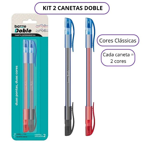 Kit 2 Canetas Doble Bazze 3 Cores Azul Preto Vermelho 1.0mm Cartela com 2 Cores Clássicas Caneta Bicolor