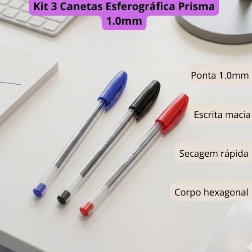 Kit 3 Canetas Bazze Prisma 1.0mm Azul Preta e Vermelha Escrita Macia Escolar Escritório