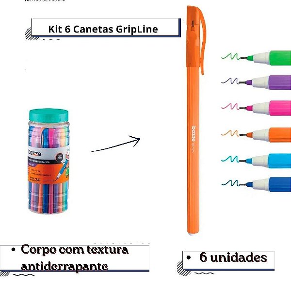Kit 6 Canetas Esferográficas Bazze GripLine 1.0mm Coloridas  Escrita Macia Corpo Texturizado Antiderrapante