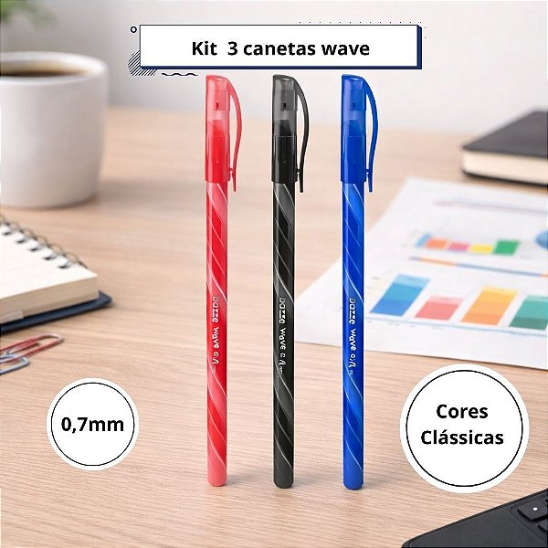 Kit 3 Canetas Esferográficas Wave 0.7mm Bazze Azul Preta Vermelha Escrita Macia