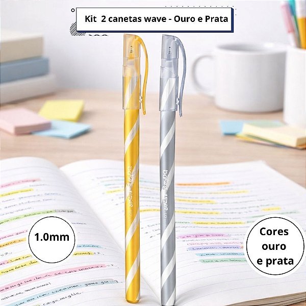 Kit 2 Canetas Esferográficas Wave 1.0mm Bazze Ouro e Prata Escrita Detalhes