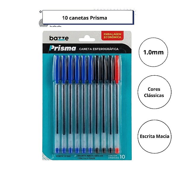 Kit 10 Canetas Bazze Prisma 1.0mm Escrita Macia Escolar Escritório Empresa Cores Clássicas