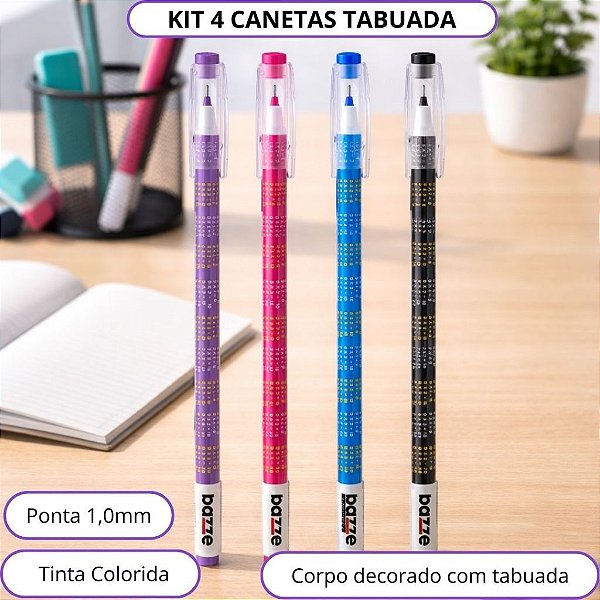 Kit 4 Canetas Tabuada 1.0mm Escrita Suave Material Escolar Escritório Dia a dia Bazze