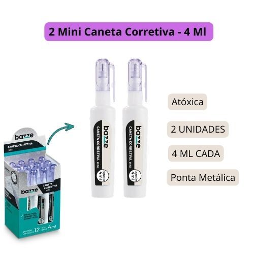 Kit 2 Mini Canetas Corretivas Líquida 4ml Ponta Metálica Secagem Rápida Bazze