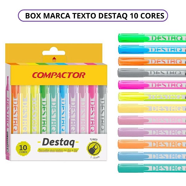 Kit Marca Texto Destaq Compactor 10 Cores Ponta Chanfrada Escolar Estudo