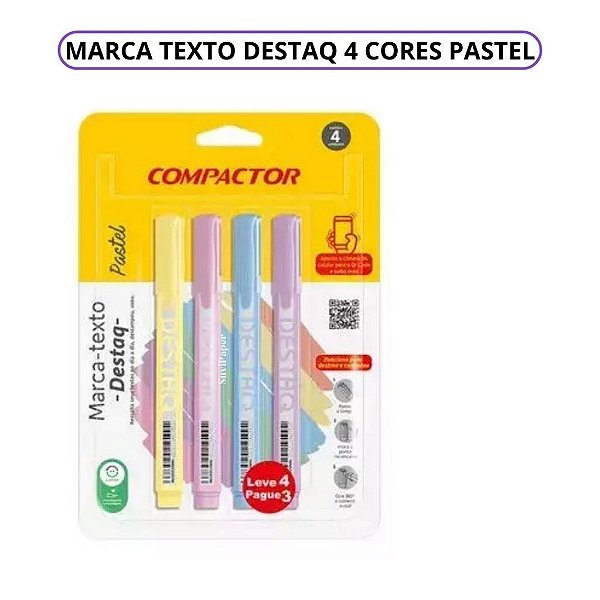 Marca Texto Pastel Compactor Destaq 4 Cores Ponta Chanfrada Escolar Planner