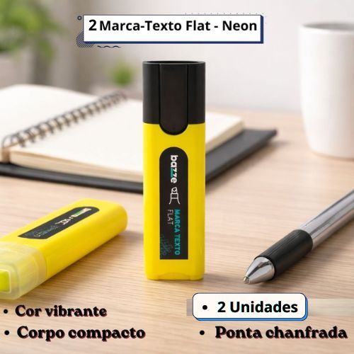 2 Marca Texto Amarelo Neon Flat Bazze Ponta Chanfrada Destaque Perfeito para Estudos e Trabalho